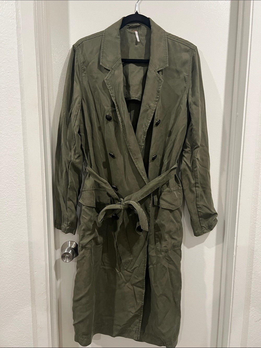 Free People Olive Green Double-Breasted Trench with Waist Tie Metal Button Sz M